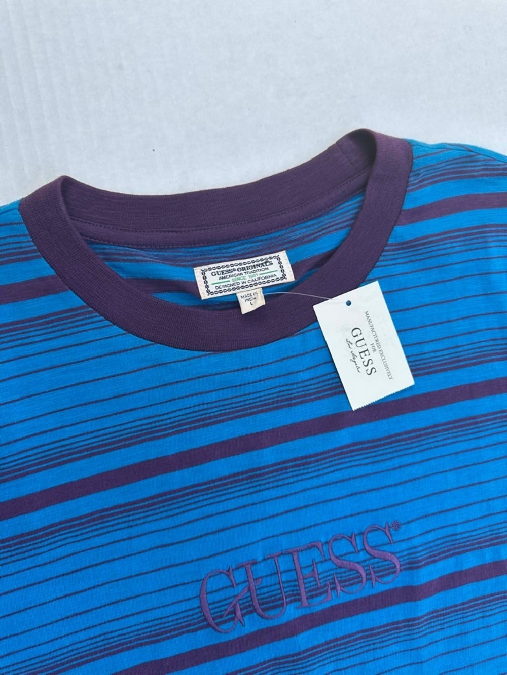 Guess Blue Striped Crewneck Tee with Navy Accents - Picture 2 of 4